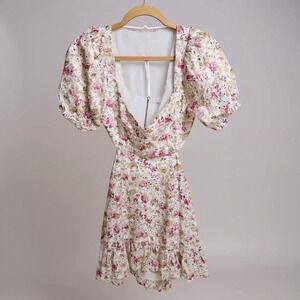 ASTR The Label Floral Embroidered Mini Dress Puff Sleeve Cut Out Back M